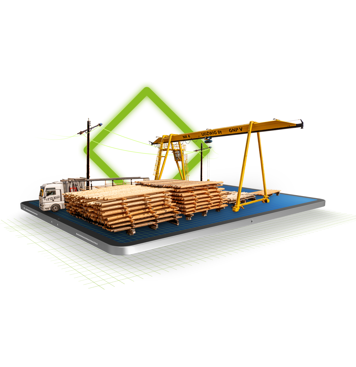 a crane is lifting logs on top of a platform